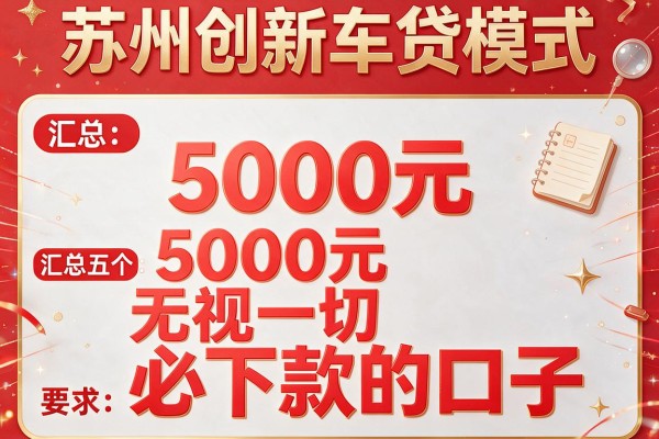 苏州创新车贷模式，汇总五个5000元无视一切必下款的口子